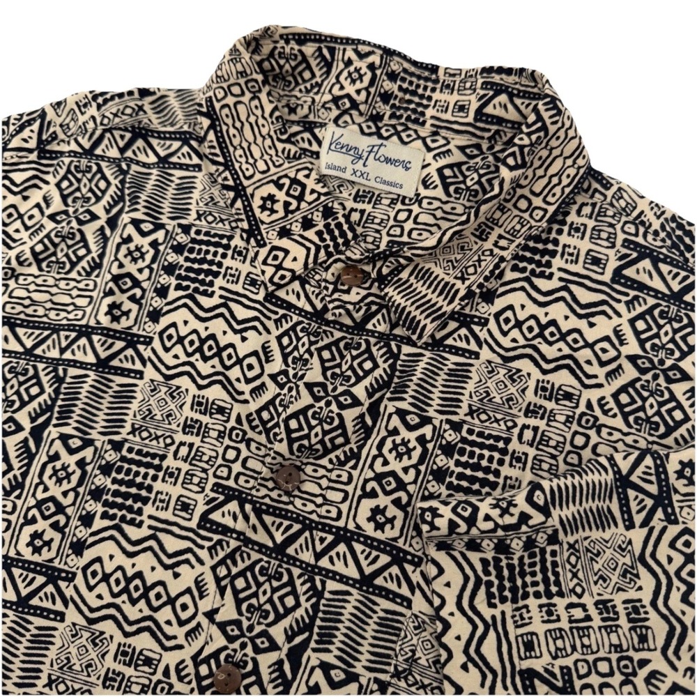 Kenny Flowers Shirt Mens XXL Cream Black Tribal Rayon Island Classics Resortwear